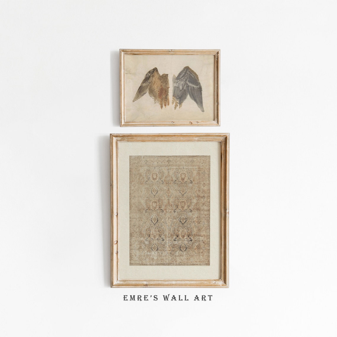 Bird Wing Study and Antique Rug Textile Vintage Two Print Set Artwork