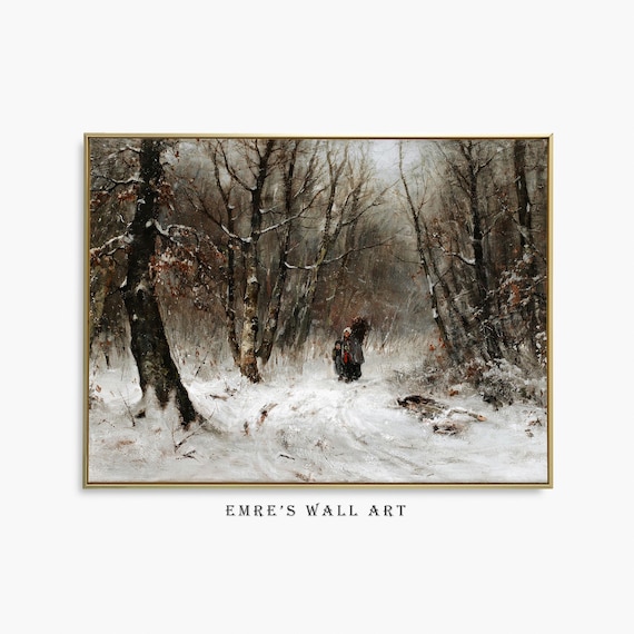 Lone Figure Walking on Snowy Forest Path Winter Painting Poster