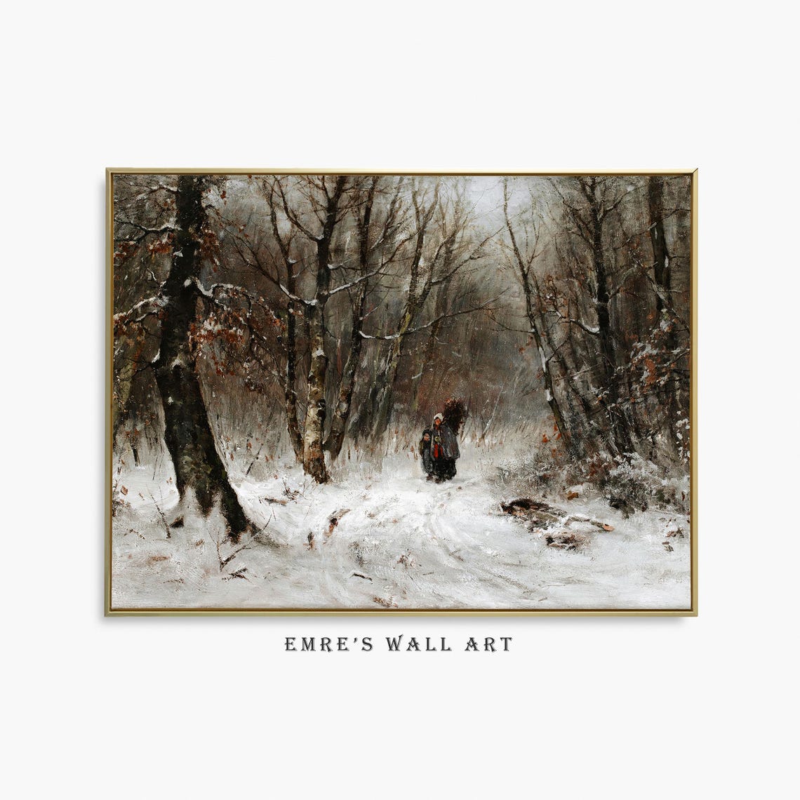 Lone Figure Walking on Snowy Forest Path Winter Painting Poster