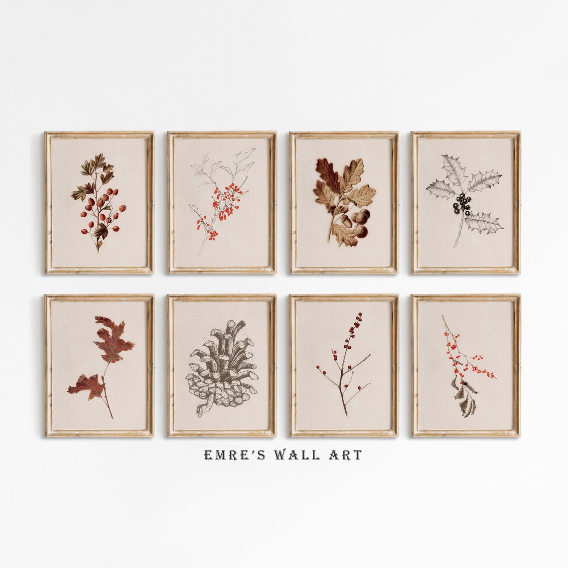 Winter Botanicals Set of Eight Holly Berry Pine Vintage Art Poster