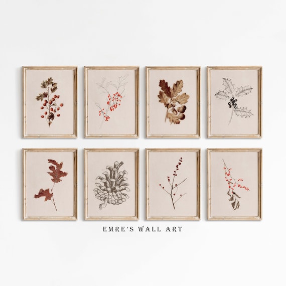 Winter Botanicals Set of Eight Holly Berry Pine Vintage Art Poster