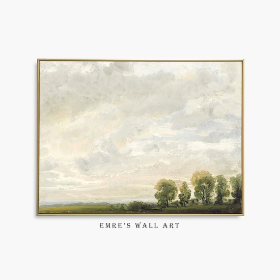 Vintage Cloud Landscape Painting, Rustic Farmhouse Art Print