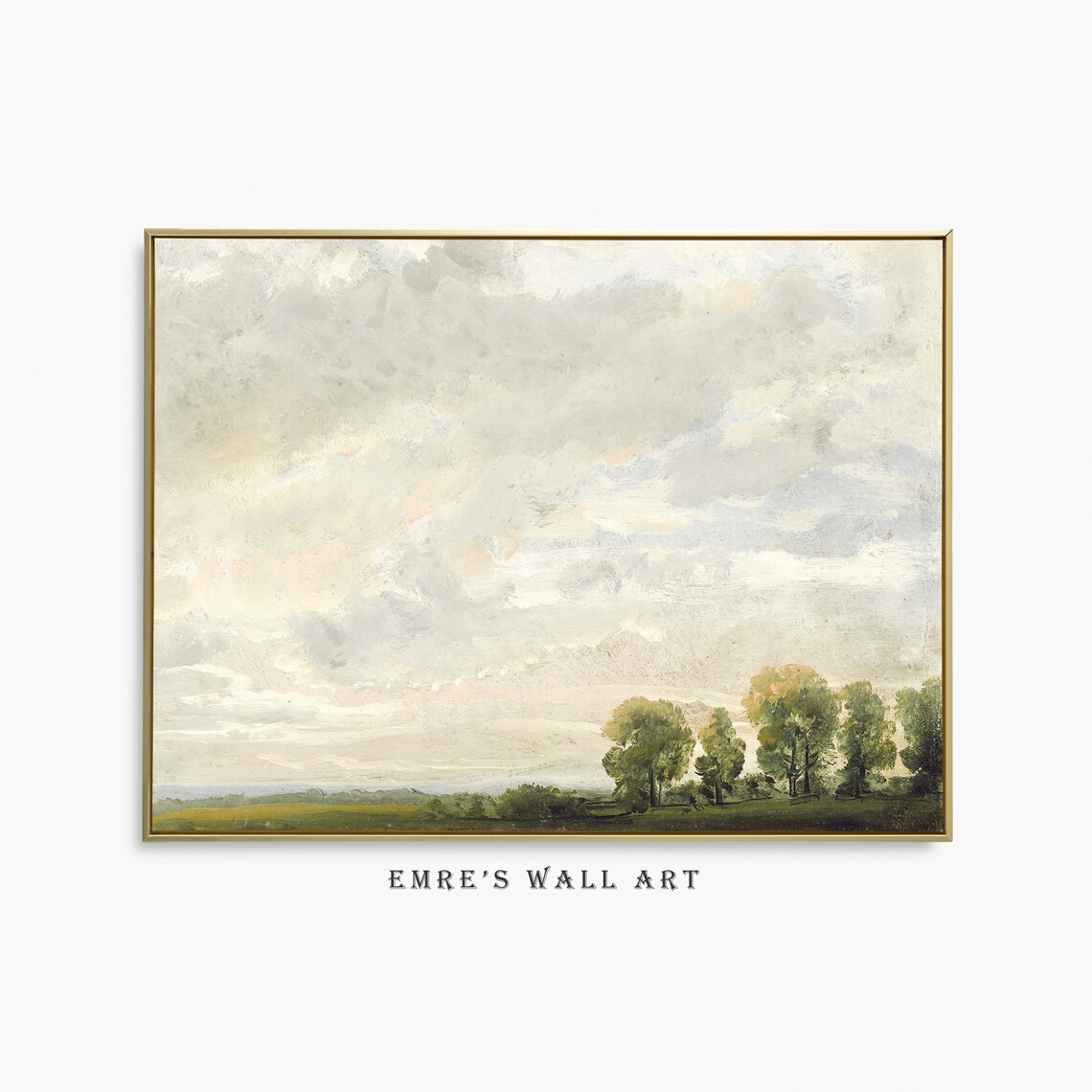 Vintage Cloud Landscape Painting, Rustic Farmhouse Art Print