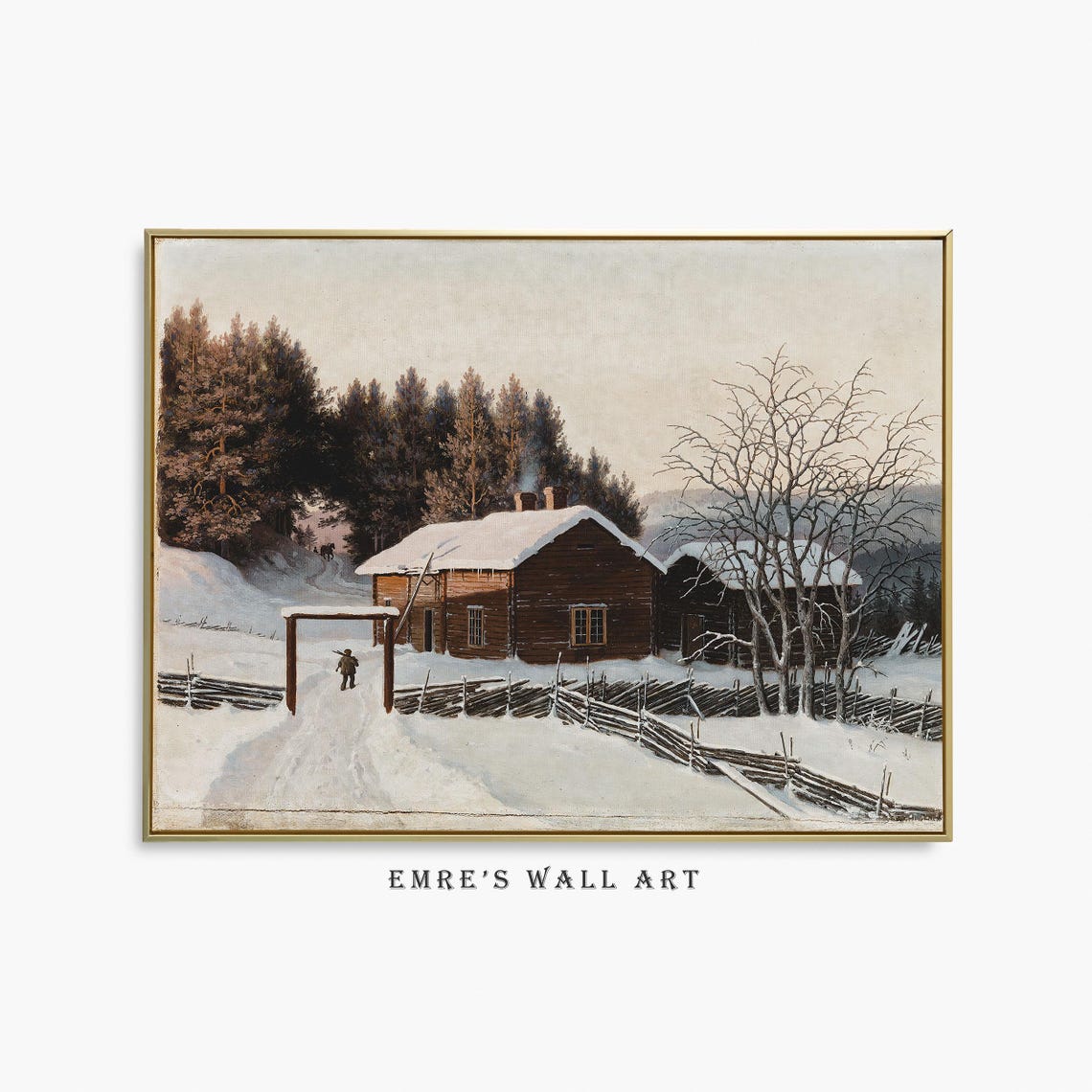 Winter Landscape Oil Painting Vintage Holiday Wall Art Country Farmhouse Winter Print Christmas Gallery Wall Decor