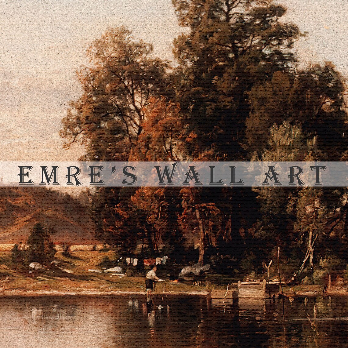 Calm Lake Rowboat Fisherman Shore Vintage Landscape Scene Poster - Image 2