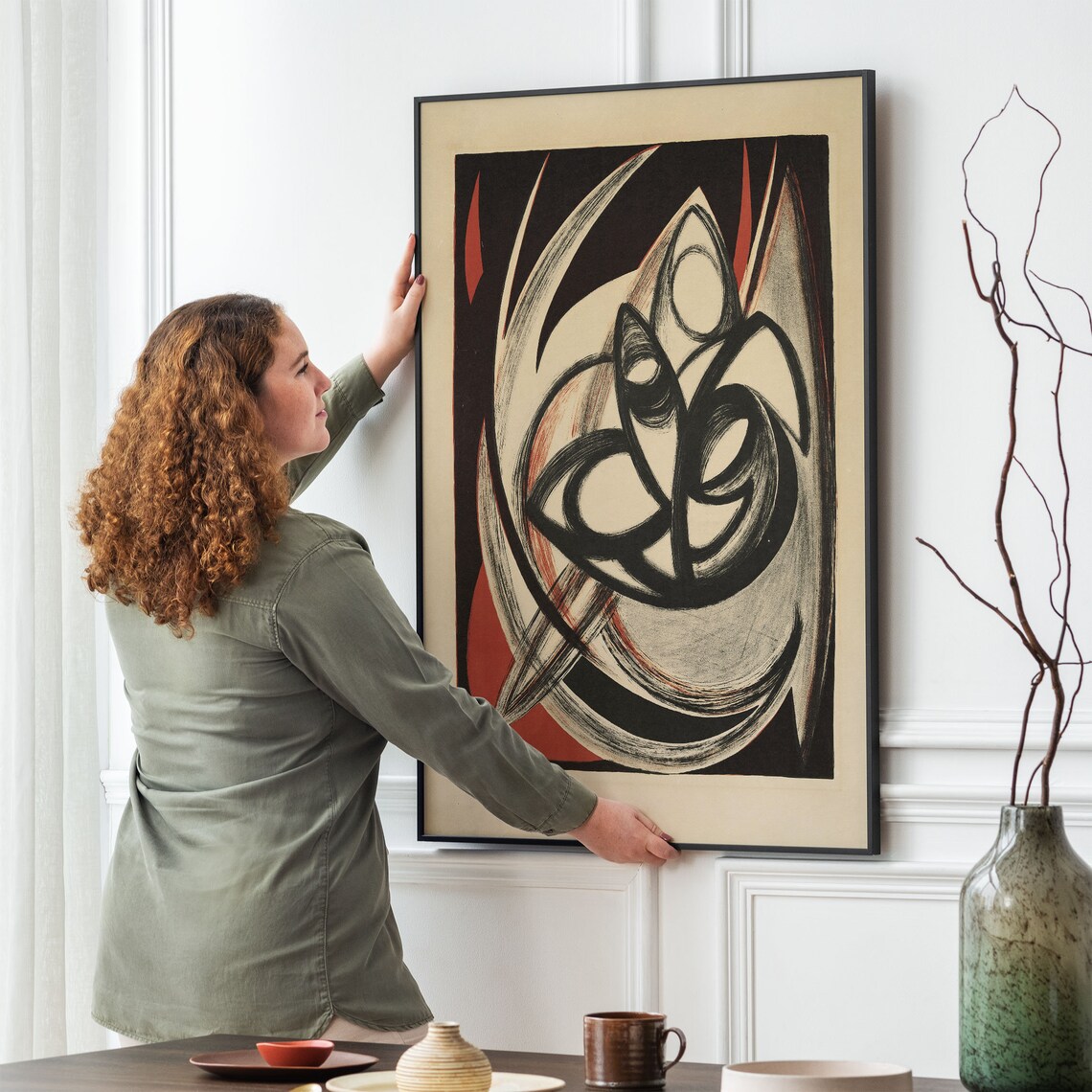 Black Red Cream Swirl Abstract Mid Century Modern Art Poster - Image 4