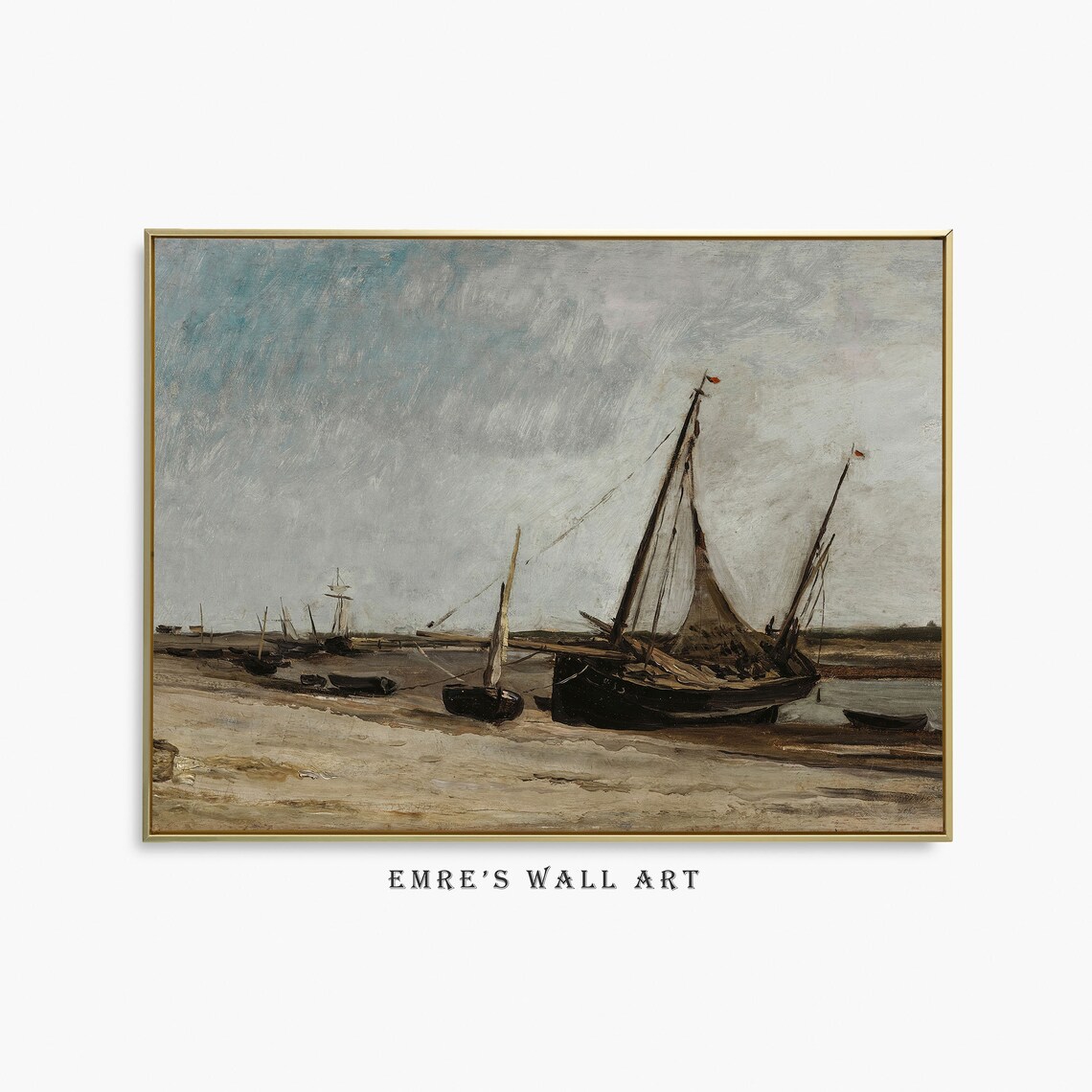 Beached Fishing Boats Vintage Seascape Gray Sky Coastal Painting Poster