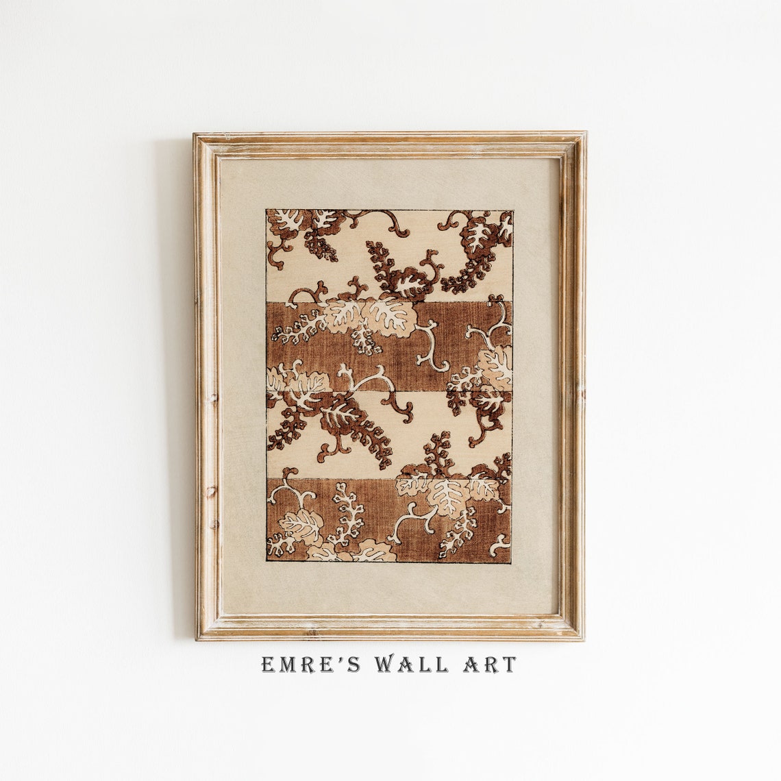 Vintage Brown Botanical Leaf Pattern Textile Stripe Design Art Poster