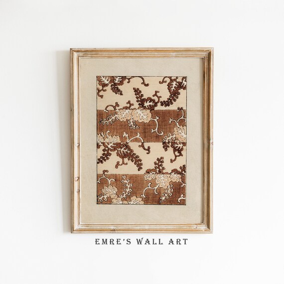Vintage Brown Botanical Leaf Pattern Textile Stripe Design Art Poster