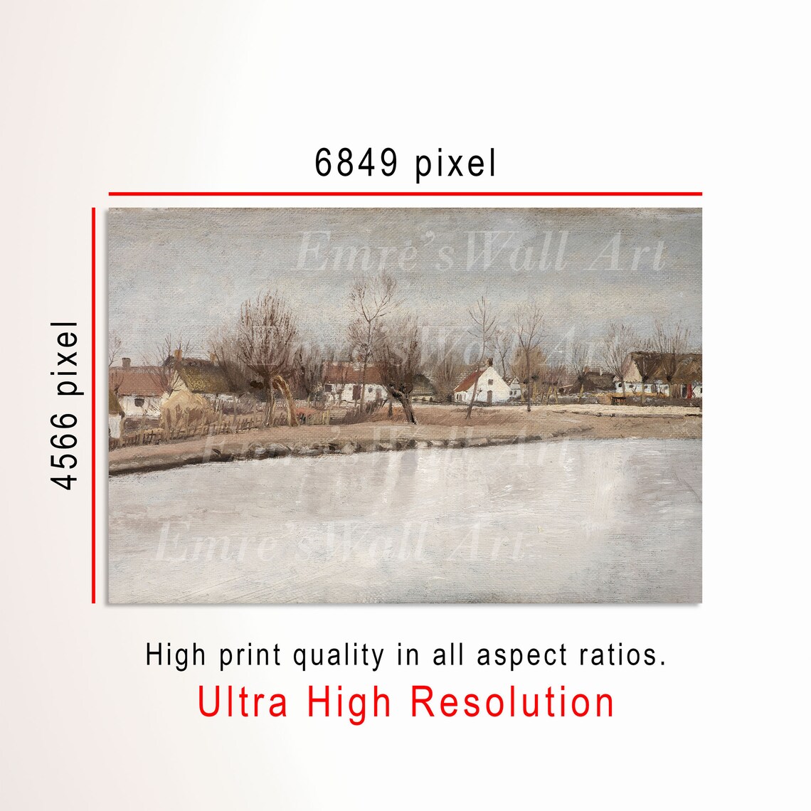 Vintage Village Pond Landscape Bare Trees Gray Sky Countryside Art Poster - Image 3