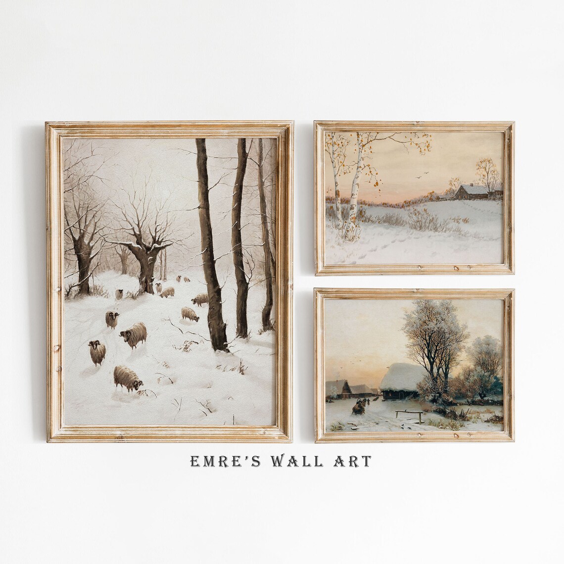 Winter Gallery Wall Set Snowy Forest Sheep Farmhouse Art Print
