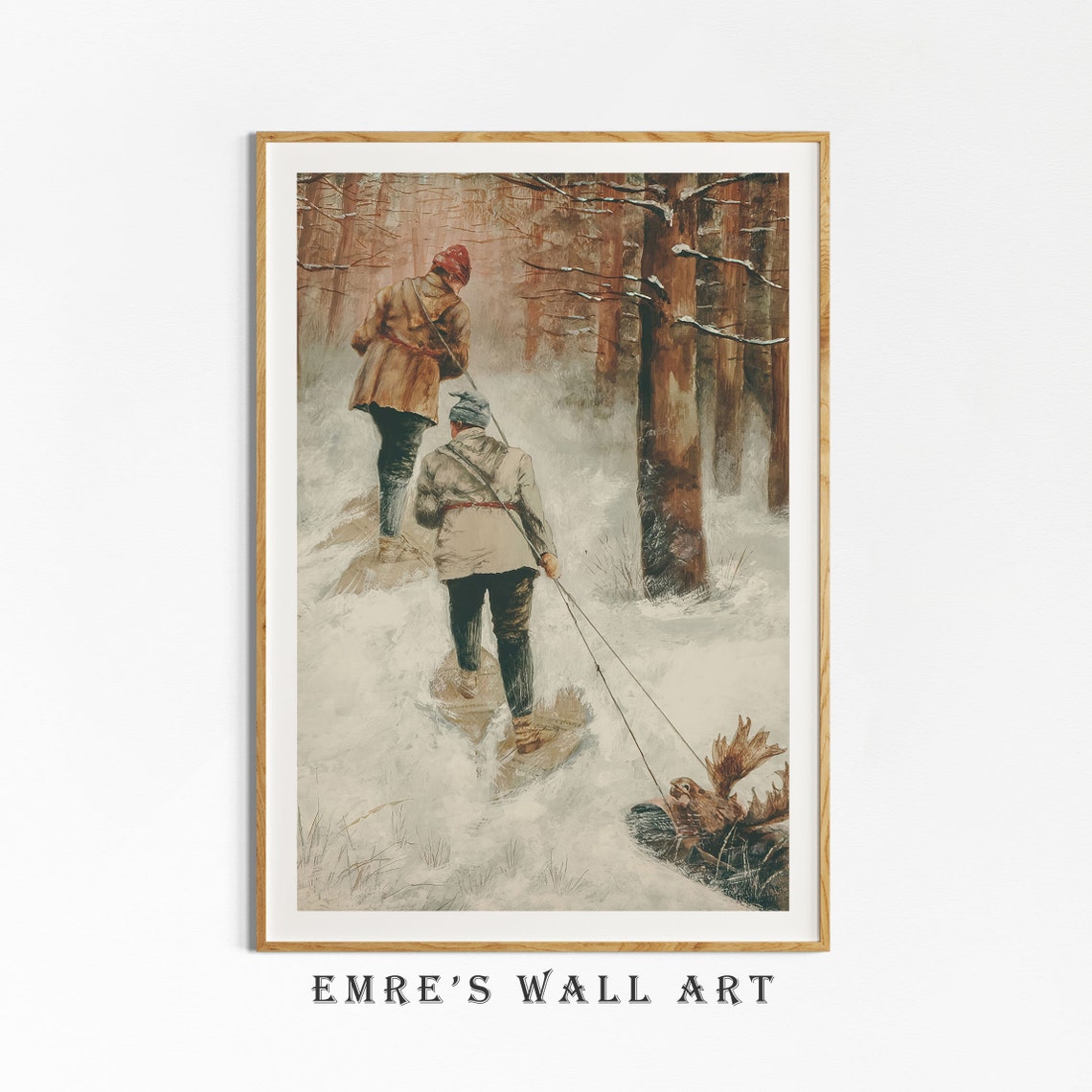Winter Deer Hunt Snowshoe Hunters Pine Forest Vintage Scene Poster - Image 4