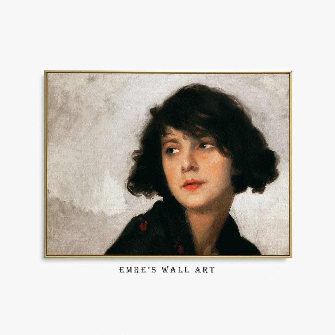 Vintage Woman Portrait Dark Bob Red Lips Oil Painting Art Poster