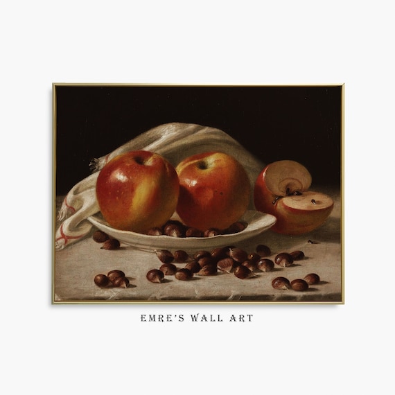 Still Life Aplle Painting Vintage Fruit Kitchen Print Country Farmhouse Wall Art Chestnut Print Home Decor Antique Artwork
