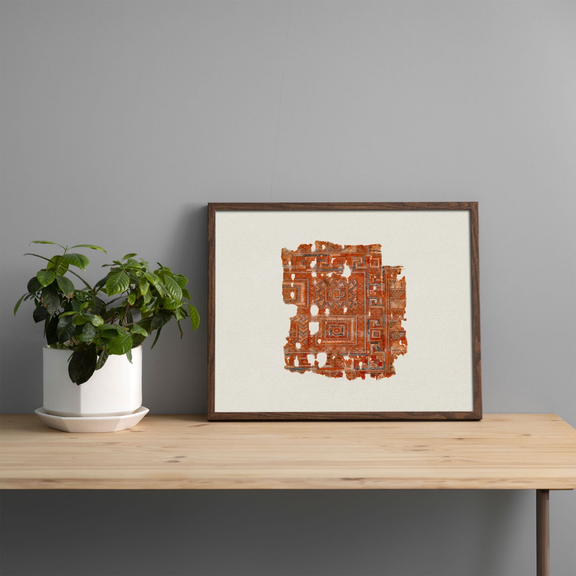 Antique Oriental Rug Fragment Rust Red Geometric Textile Art Poster - Image 2