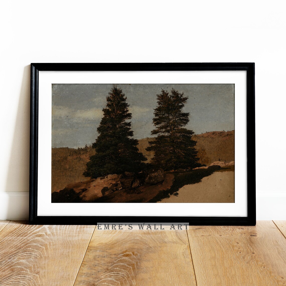 Vintage Twin Pine Trees Rocky Woodland Landscape Oil Painting Poster - Image 4