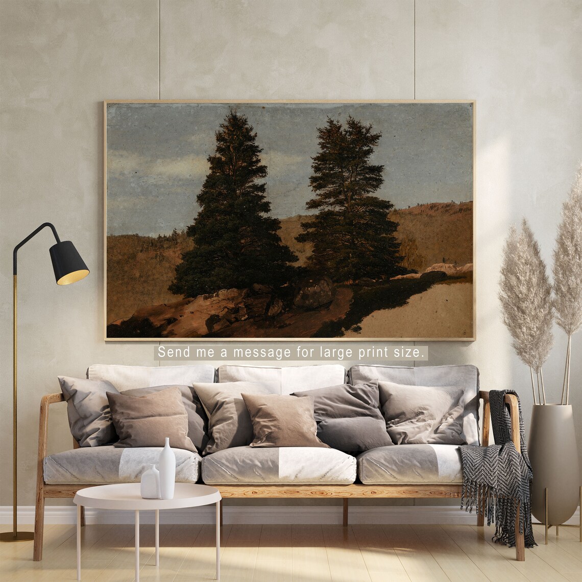 Vintage Twin Pine Trees Rocky Woodland Landscape Oil Painting Poster - Image 2