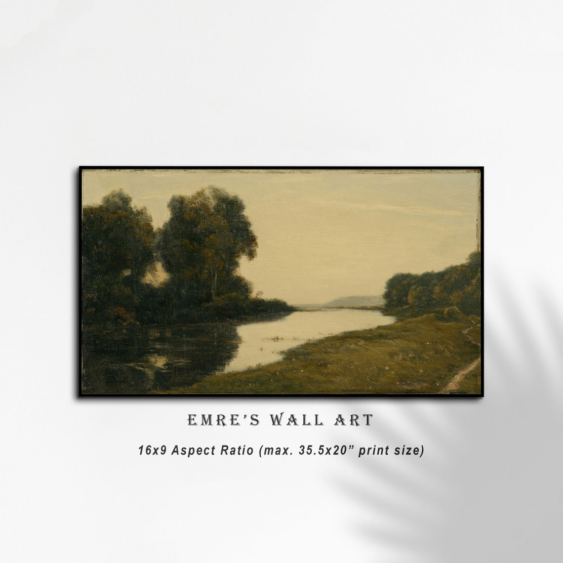 Moody River at Dusk Vintage Green Landscape Calm Water Painting Print - Image 4