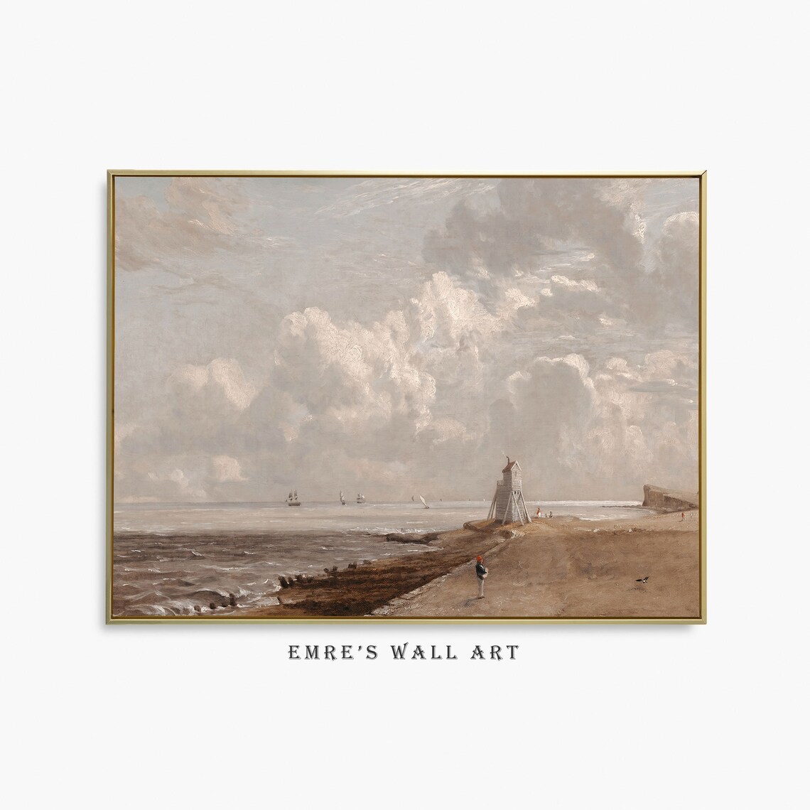 Vintage Coastal Painting Beach With Watchtower Ships Cloudy Sky Art Poster