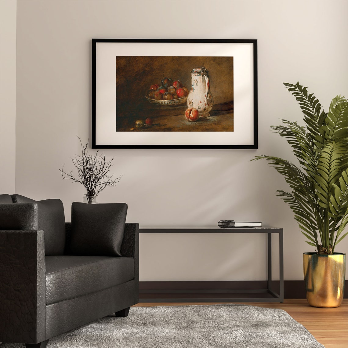 Plum Bowl Porcelain Pitcher Dark Moody Still Life Oil Painting Poster - Image 2