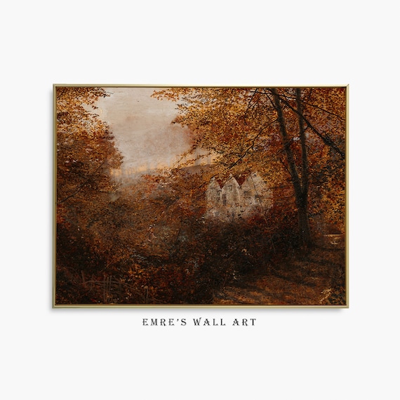 Autumn Cottage Among Russet Foliage Moody Fall Woodland Painting Poster
