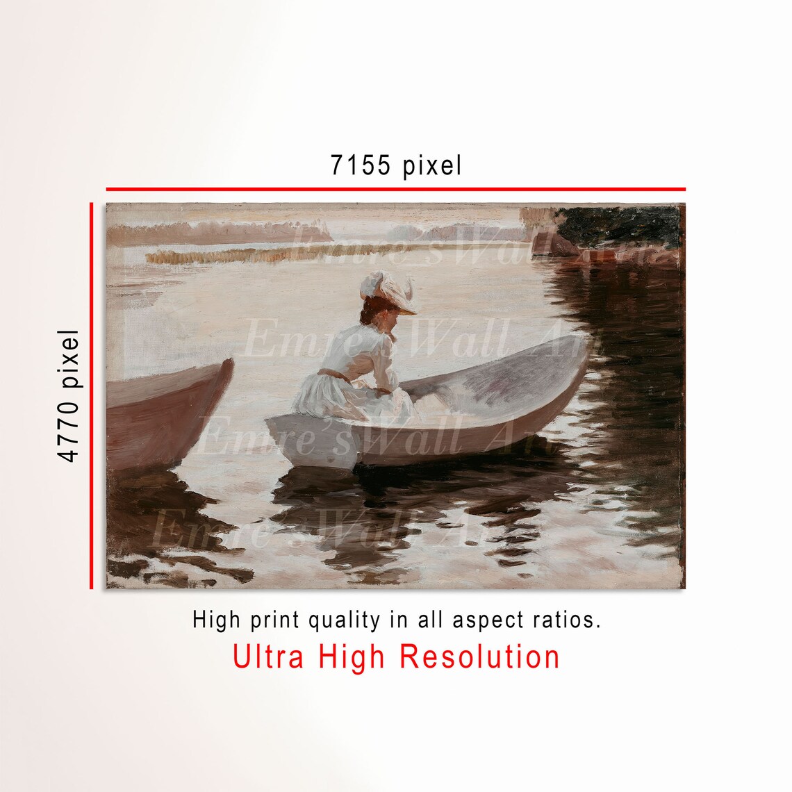 Woman in White Dress in Rowboat on Calm Lake Vintage Painting Poster - Image 3