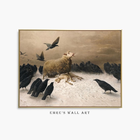 Sheep Protecting Lamb from Crows in Snow Vintage Oil Painting Poster
