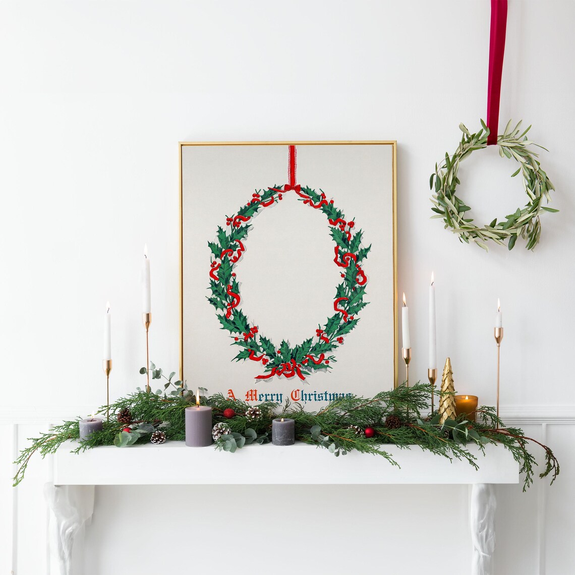 A Merry Christmas Holly Wreath Red Ribbon Vintage Holiday Wall Art