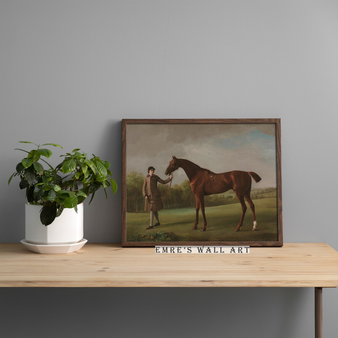 Bay Horse Held by Groom Vintage Equestrian Oil Painting Poster - Image 4