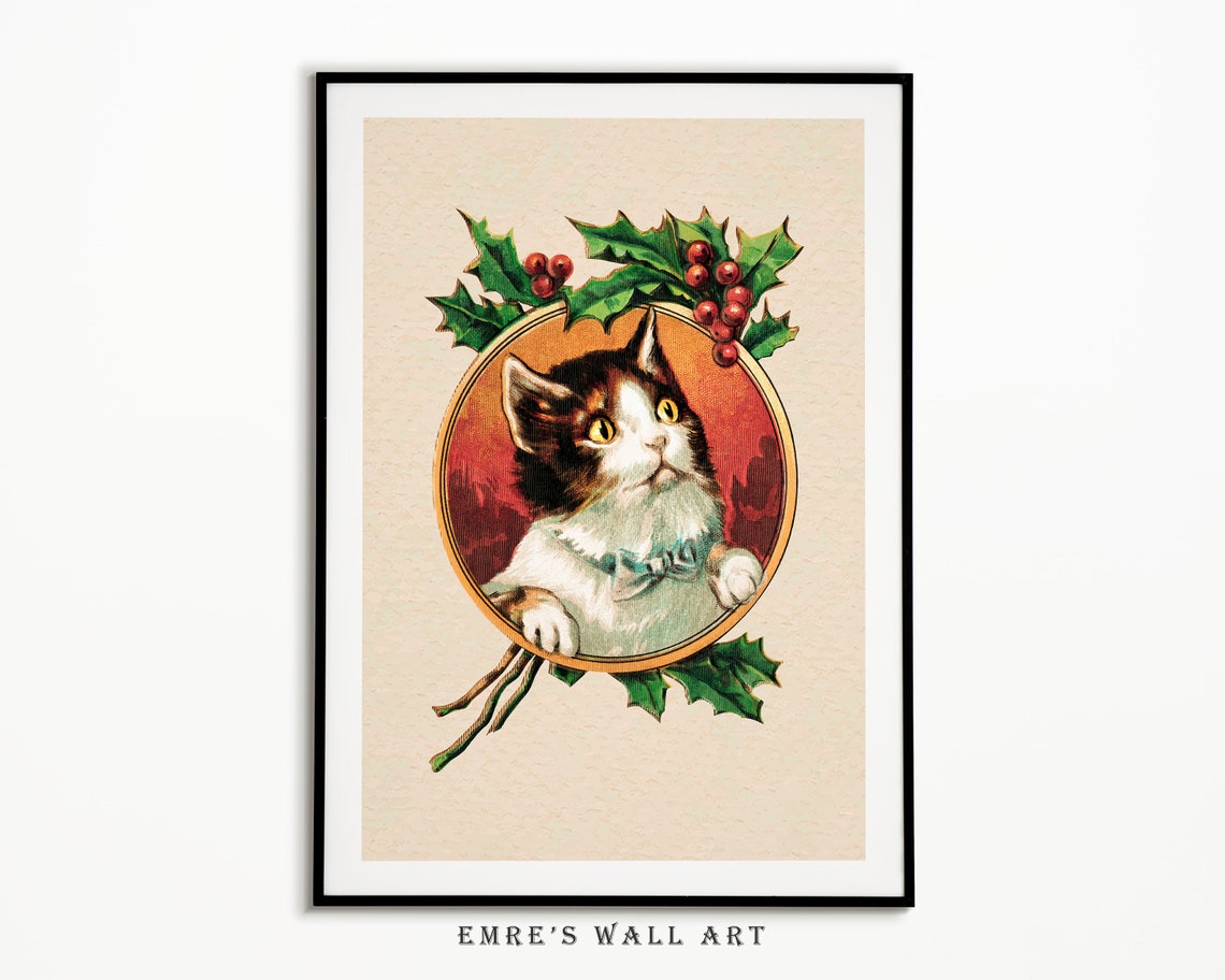 Kitten Blue Bow Holly Berries Vintage Christmas Illustration Poster - Image 4