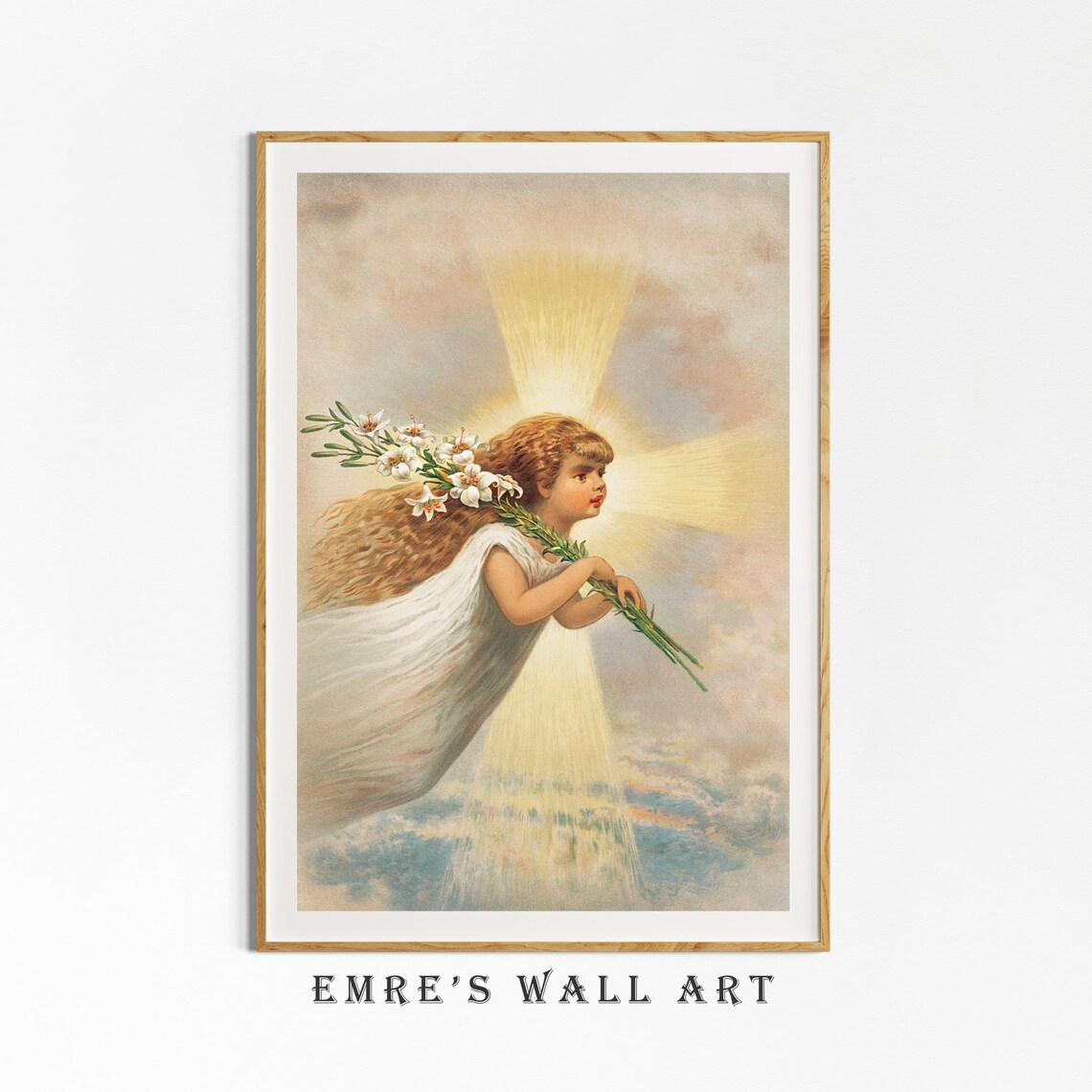 Vintage Christmas Angel Art Girl With White Lilies Golden Light Poster - Image 2