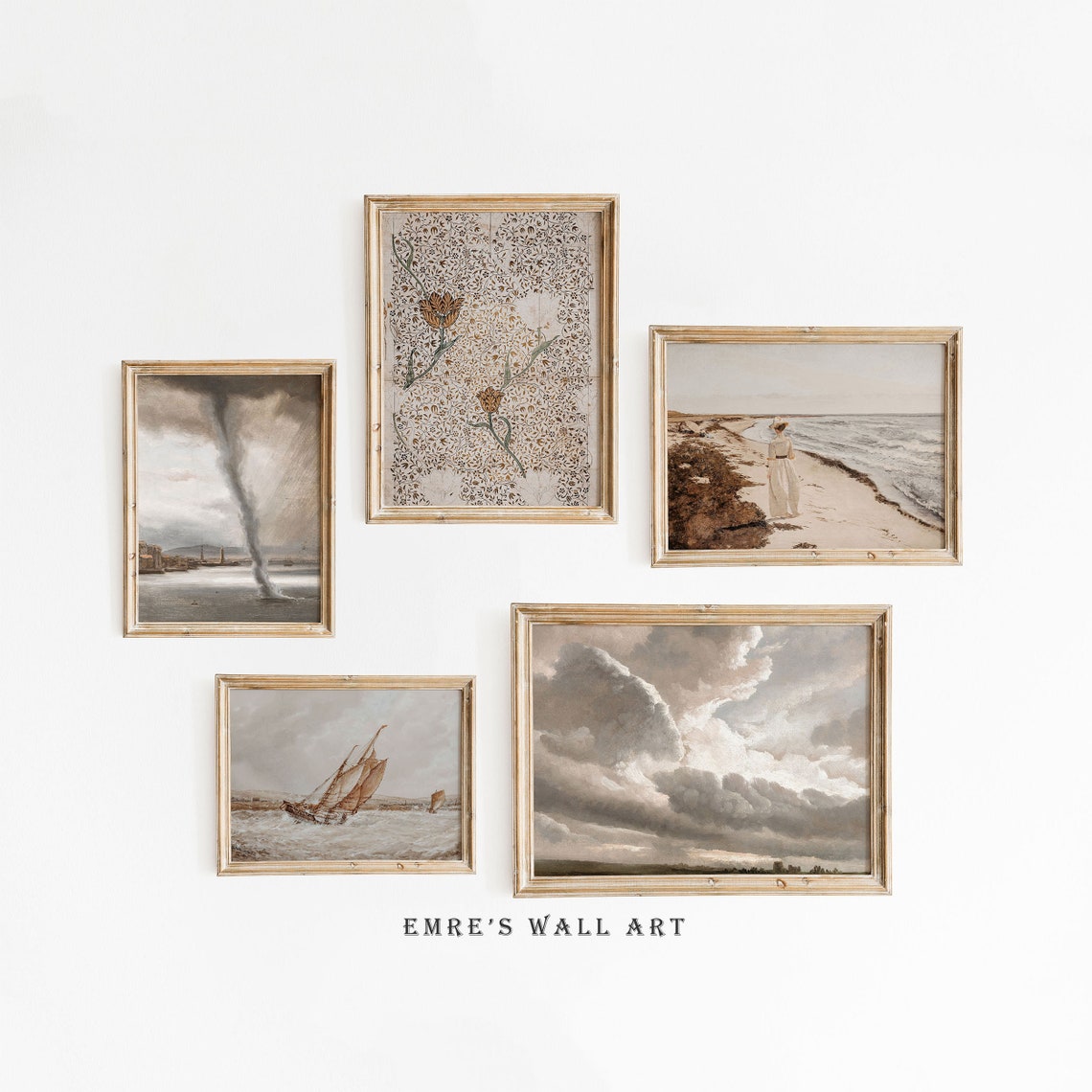 Vintage Mixed Gallery Set Skyscape Sailboat Botanical Wall Poster