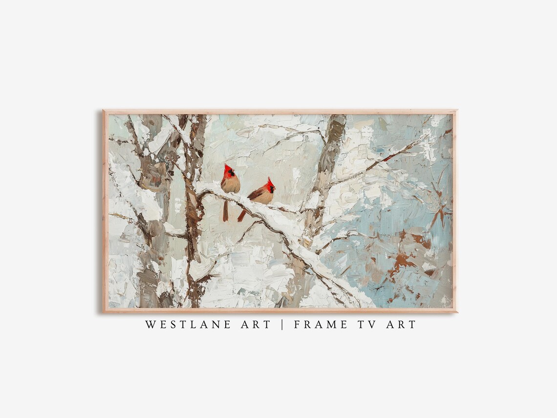 Two Red Cardinals On Snowy Branch Winter Oil Painting Poster