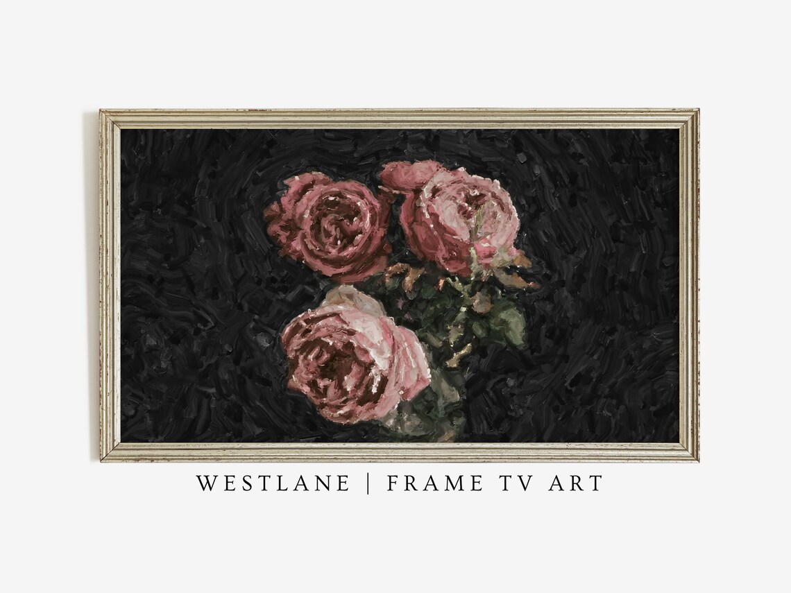 Dark Moody Pink Roses Still Life Botanical Oil Painting Wall Art