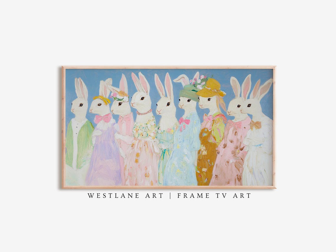 Spring Easter Bunnies In Pastel Dresses Bunny Lineup Art Print