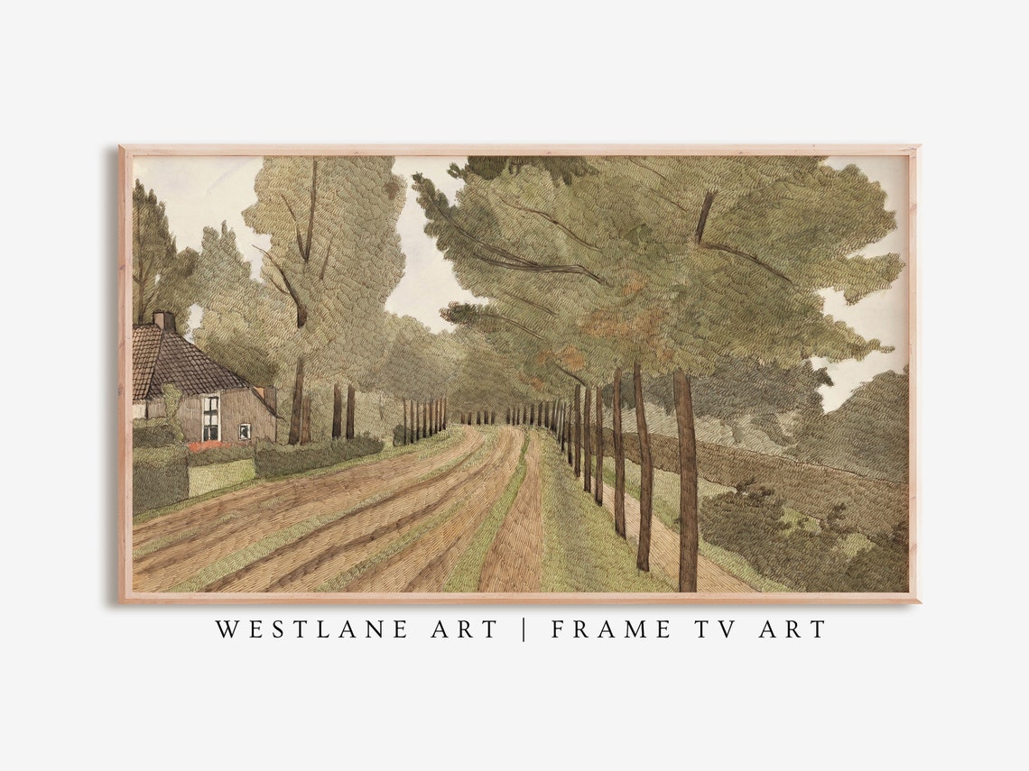 Country Road Tree Lined Path Vintage Cottage Painting Wall Art