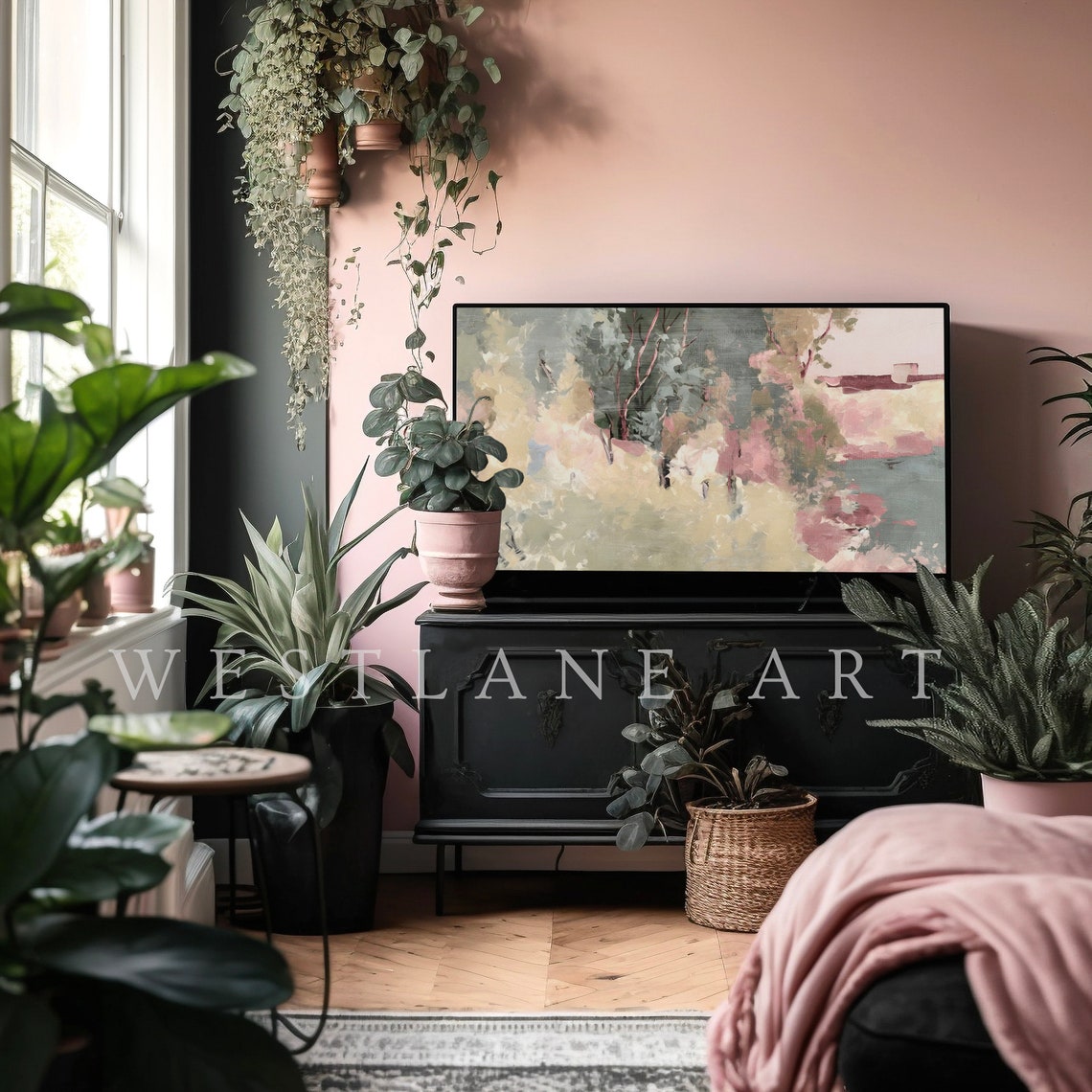 Pastel Pink Abstract Cottage Landscape Tv Art Spring Painting Girls Pink Yellow Green Living Room Decor Tv396 - Image 4