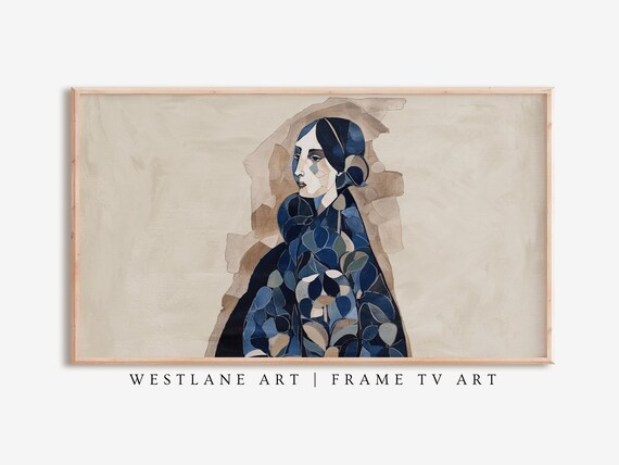 Navy Blue Abstract Woman Portrait Modern Cubist Painting Wall Art
