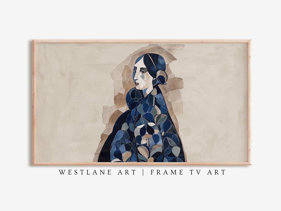 Navy Blue Abstract Woman Portrait Modern Cubist Painting Wall Art
