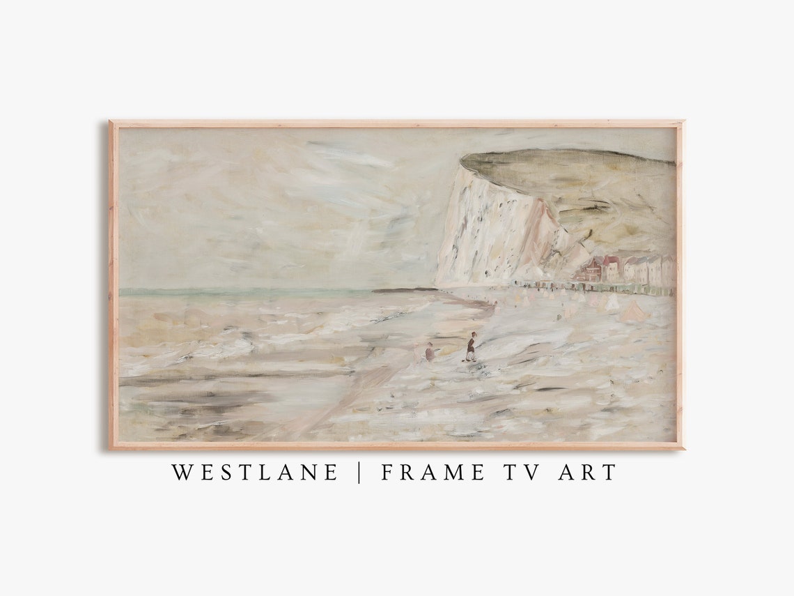 Neutral Beach Scene Pale Chalk Cliffs Muted Coastal Painting Poster