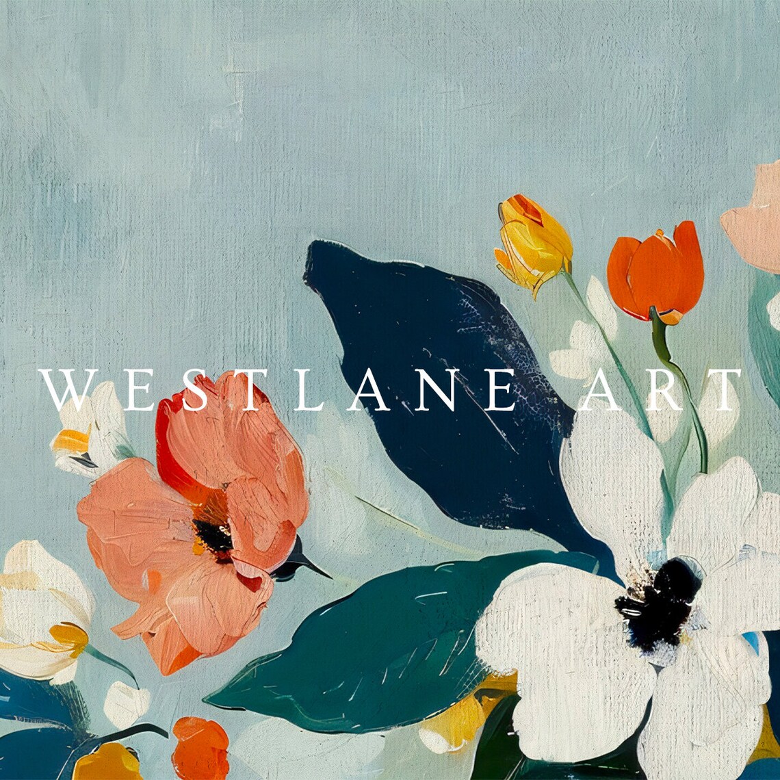 Modern Blue Abstract Floral Painting Poppies on Dusty Blue Wall Art - Image 2
