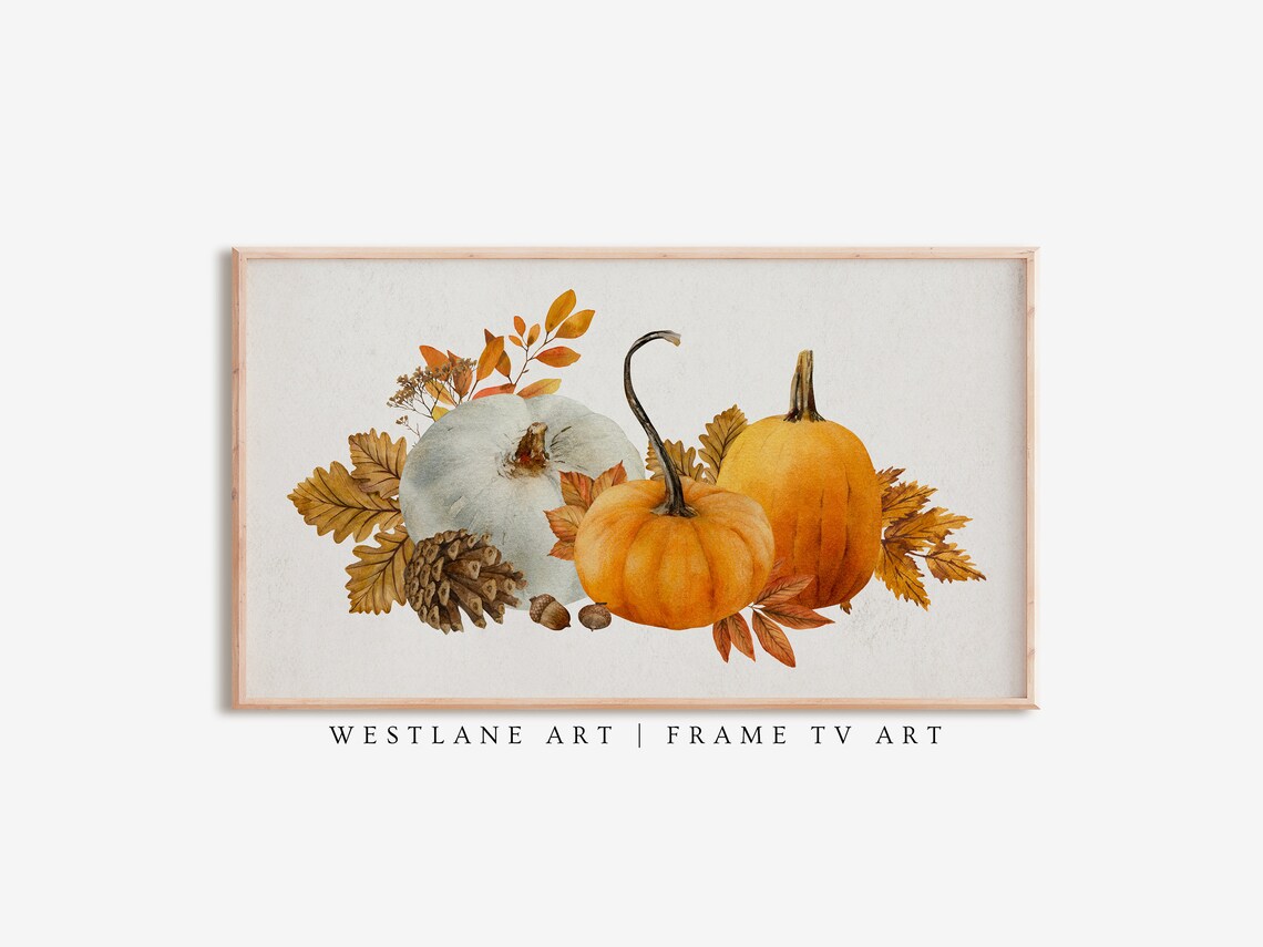 Watercolor Fall Pumpkins With Autumn Leaves Pinecone Thanksgiving Wall Art