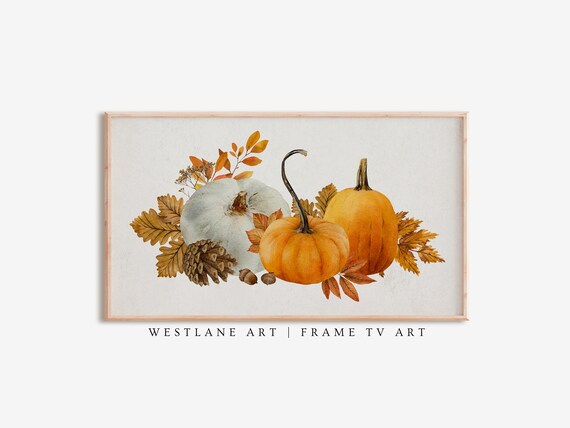 Watercolor Fall Pumpkins With Autumn Leaves Pinecone Thanksgiving Wall Art