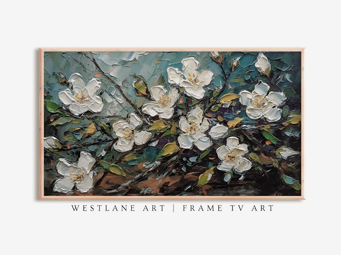 White Blossoms Impasto Textured Floral Oil Painting Wall Art Poster