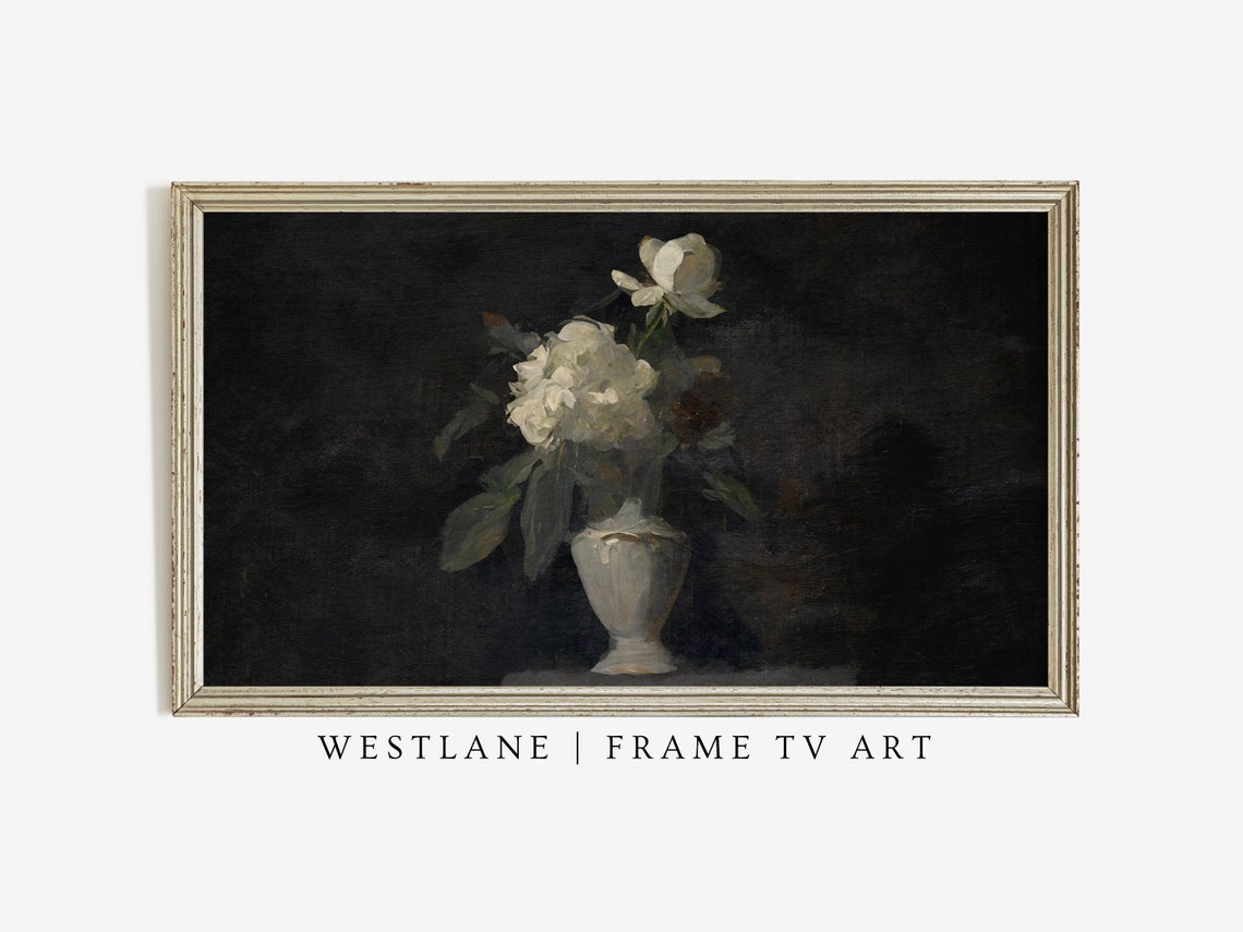 Dark Floral Still Life White Flowers Black Background Art Poster