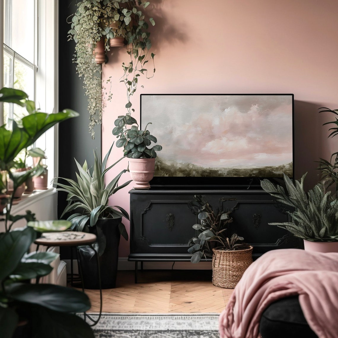 Pink Blush Clouds Pastel Sky Country Landscape Painting Wall Art - Image 4