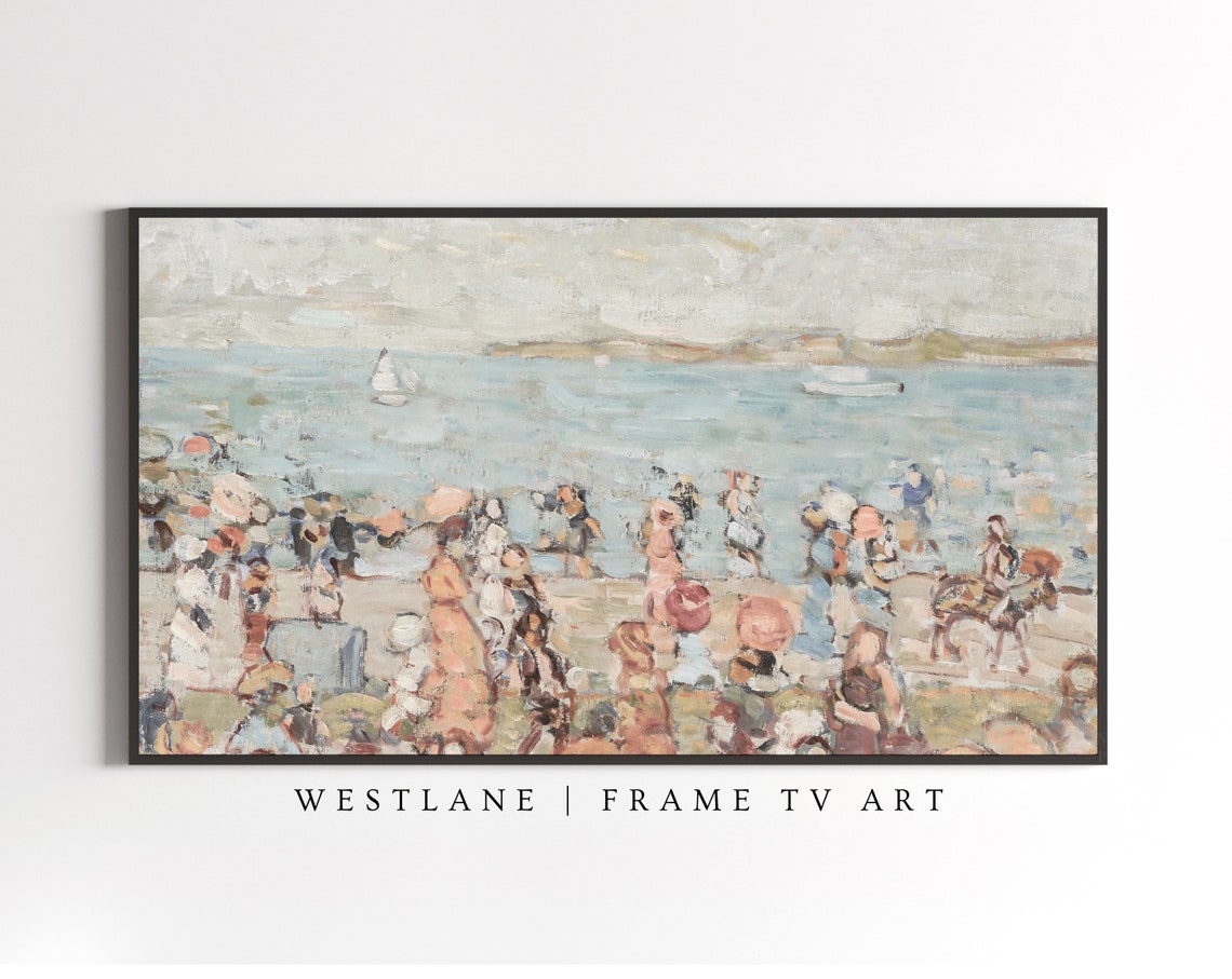 Vintage Impressionist Beach Crowd Pastel Summer Scene Wall Art - Image 3