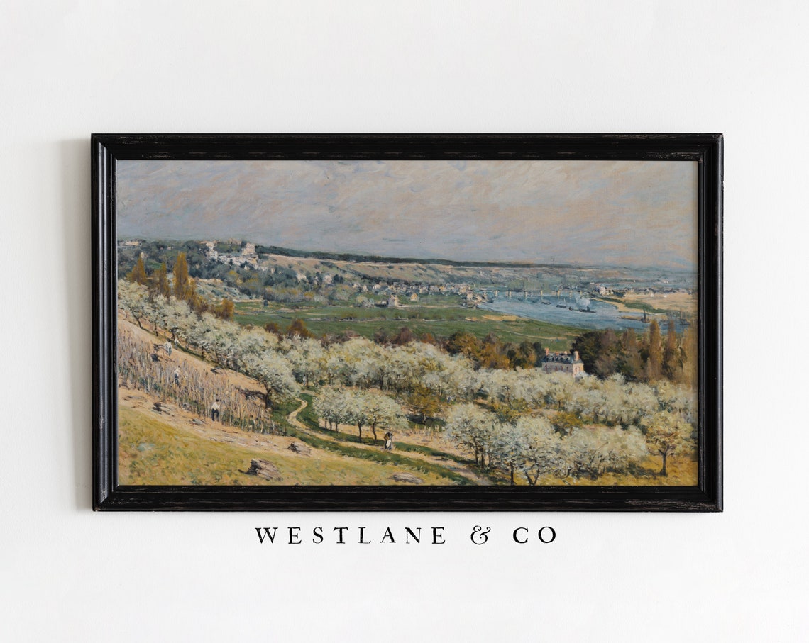 Spring Blossom Orchard River Valley Impressionist Landscape Wall Art - Image 2