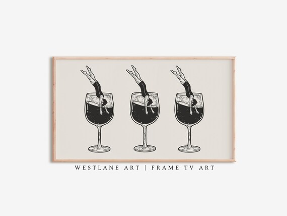 Funny Swimmers Diving Into Wine Glasses Black Ink Modern Wall Art Poster