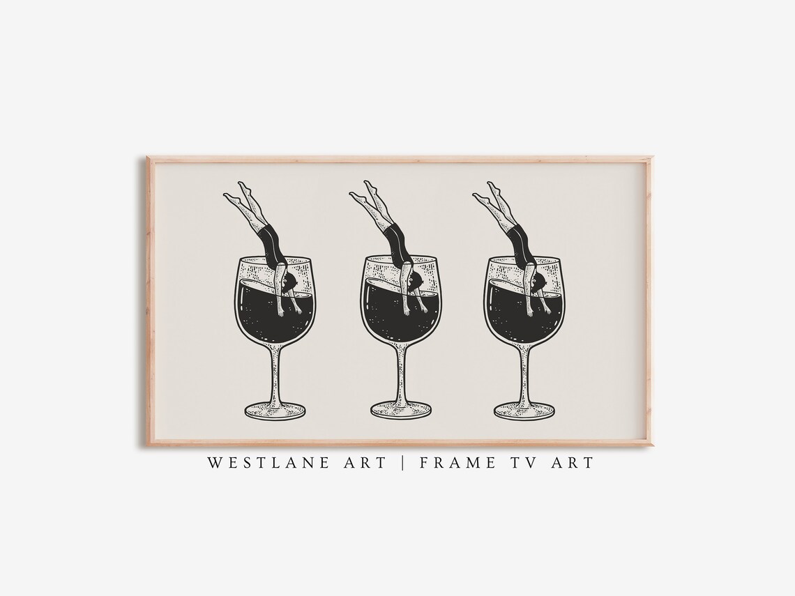 Funny Swimmers Diving Into Wine Glasses Black Ink Modern Wall Art Poster